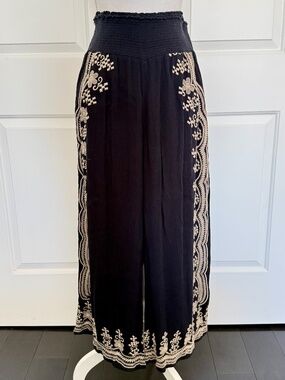 Sundance Embroidered Black Cotton Wide Leg Pants